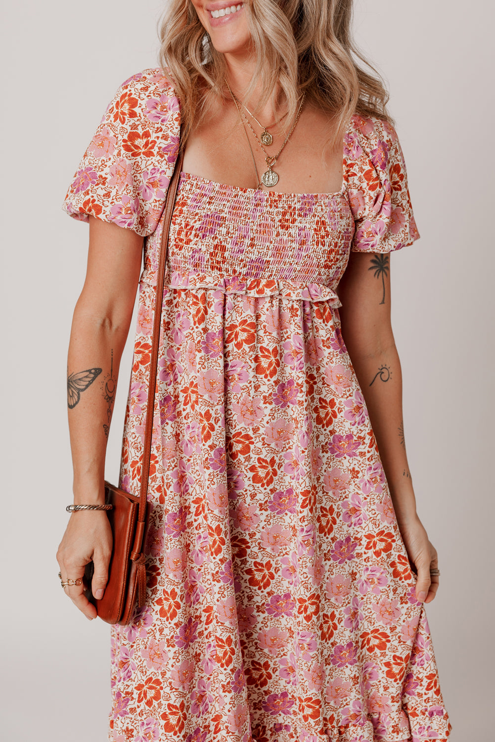 Pink Floral Square Neck Knotted Ruffle Midi Dress 🇨🇳