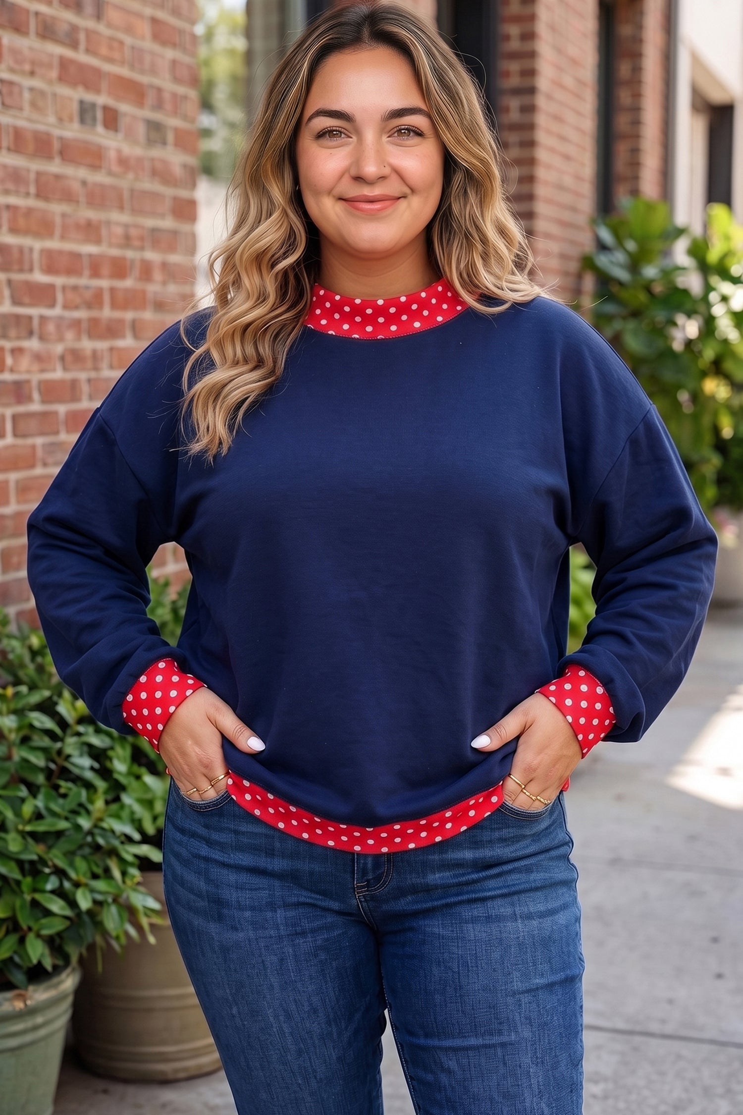 Red Polka Dot Patchwork Round Neck Plus Size Sweatshirt