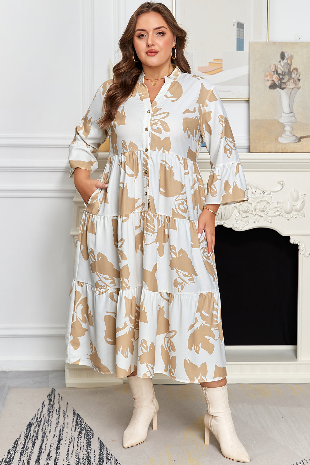 Khaki Patterned Ruffled Sleeve Half Placket Tiered A-line Plus Size Long Dress 🇺🇸