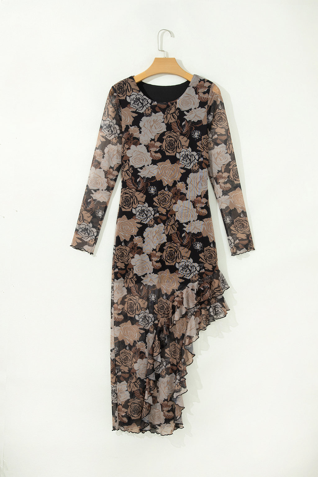 Black Floral Long Sleeve Asymmetric Ruffle Split Hem Mesh Dress 🇺🇸
