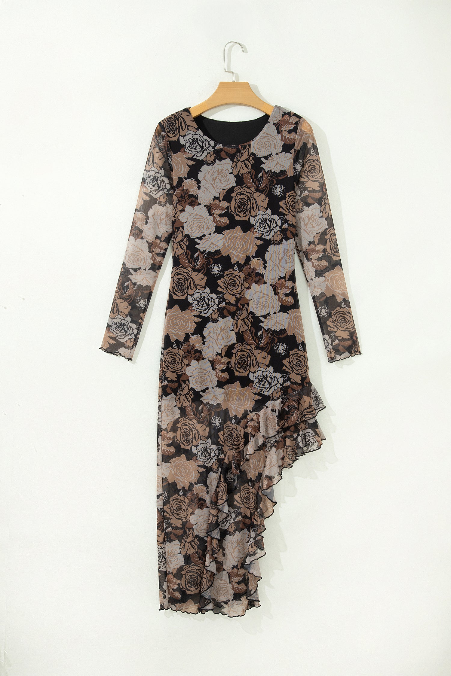 Black Floral Long Sleeve Asymmetric Ruffle Split Hem Mesh Dress 🇺🇸