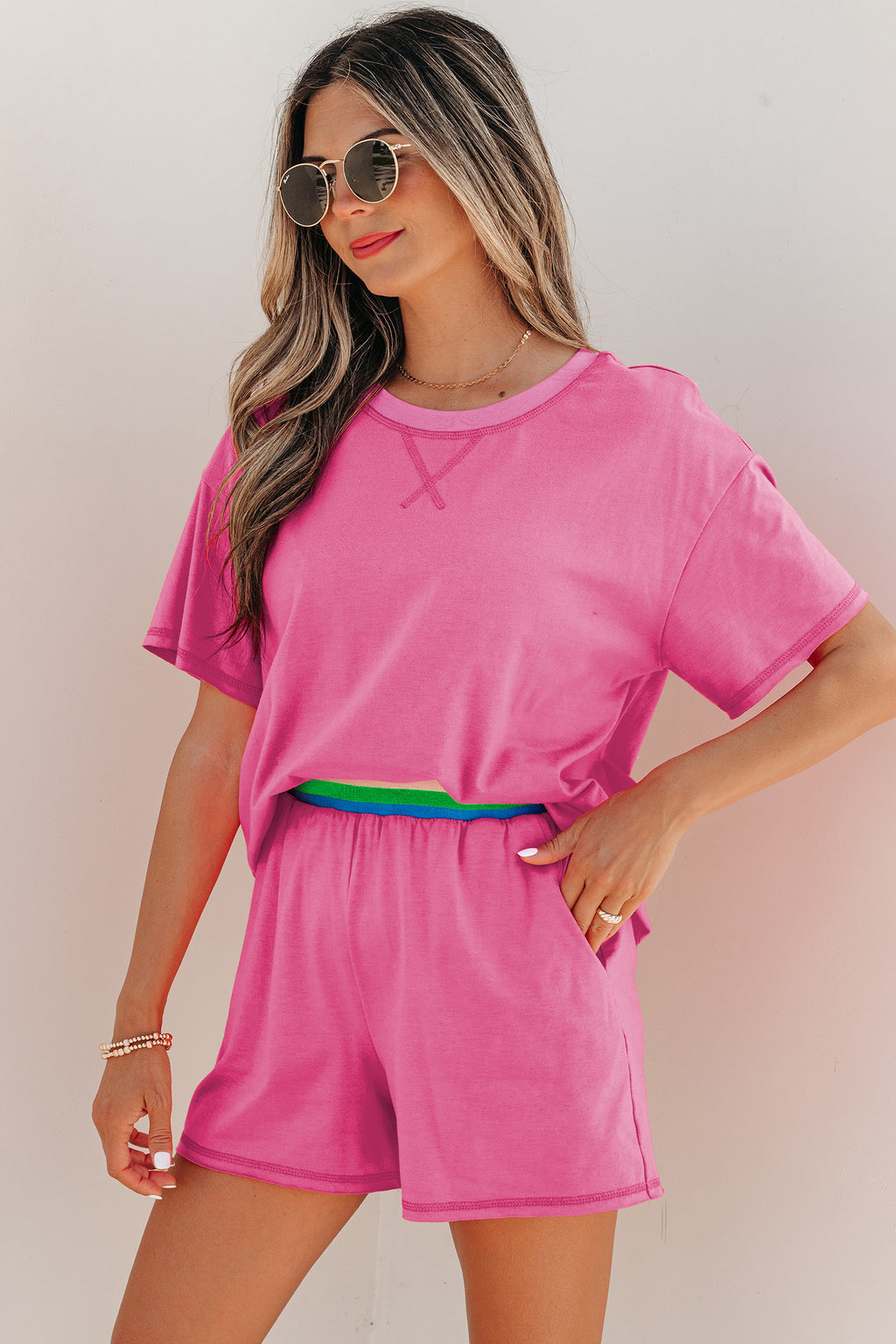 Bright Pink Seam Detail Raw Edge Tee Rainbow Waistband Casual Short Set 🇺🇸
