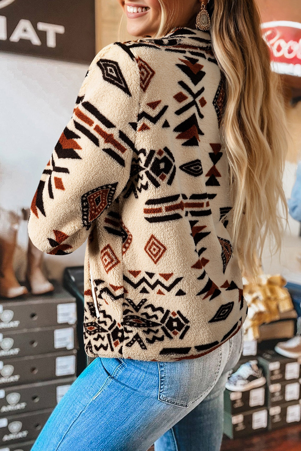Beige Western Aztec Half Zip Plush Sweatshirt 🇺🇸
