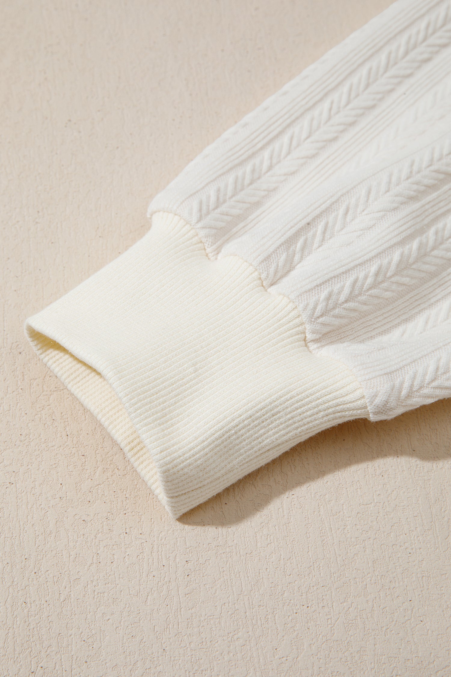 Beige Solid Color Textured Sleeve Patchwork Half Zip Hoodie 🇺🇸