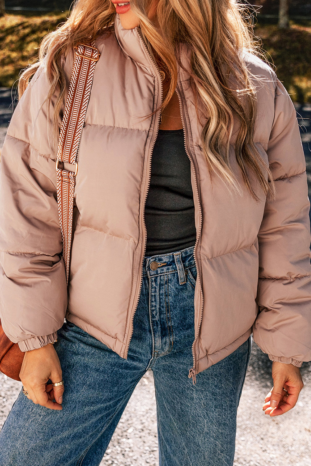 Apricot Pink Full Zipper Quilted Puffer Jacket 🇺🇲