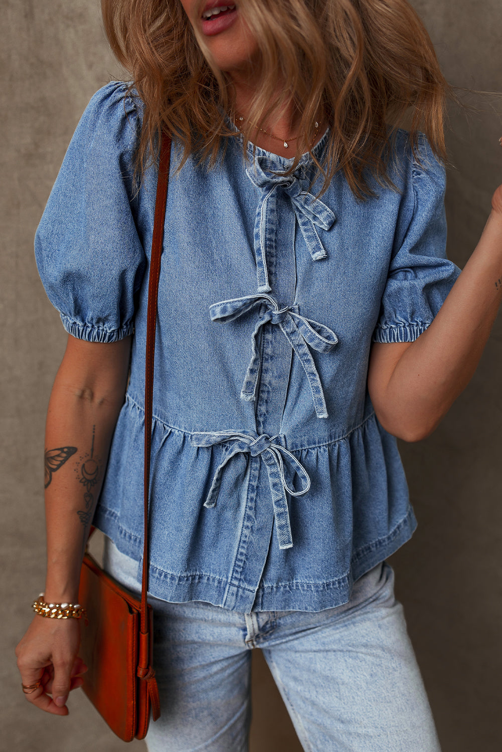 Dusk Blue Tied Front Bubble Sleeve Peplum Denim Shirt 🇨🇳