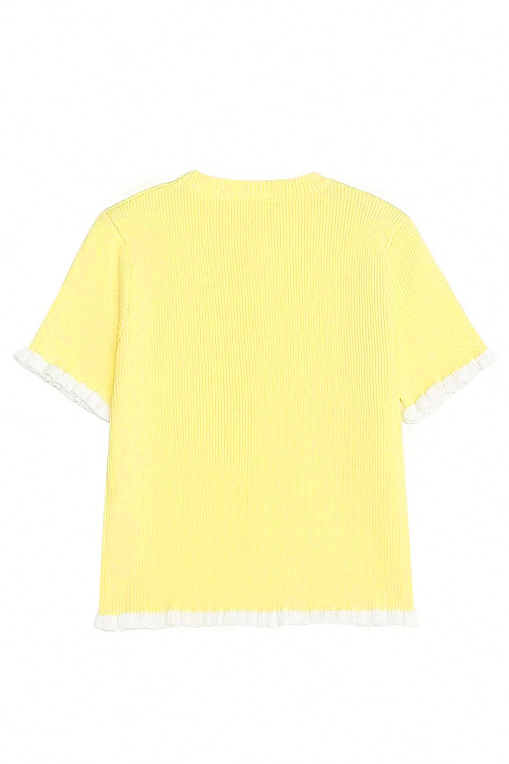 Yellow Cream Ribbed Knit Contrast Frilled Short Sleeve Sweater Cardigan 🇺🇸