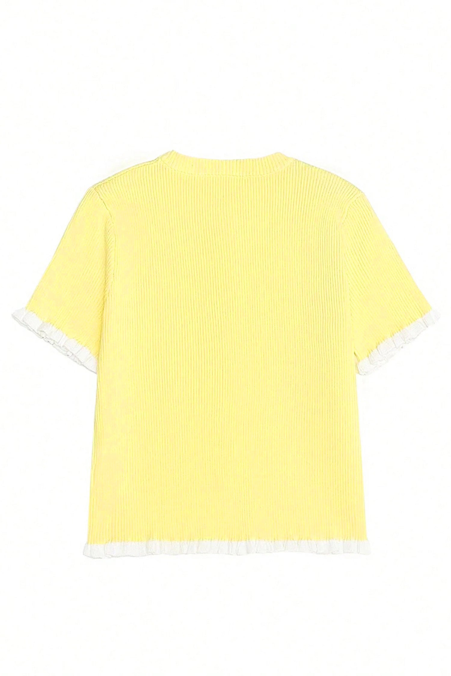 Yellow Cream Ribbed Knit Contrast Frilled Short Sleeve Sweater Cardigan 🇺🇸