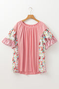 Pink Plus Size Floral Patchwork Ruffled Short Sleeve Blouse 🇨🇳