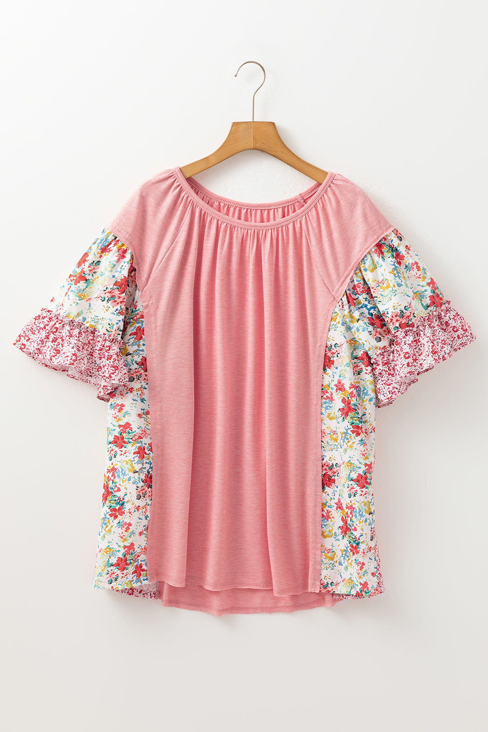 Pink Plus Size Floral Patchwork Ruffled Short Sleeve Blouse 🇨🇳