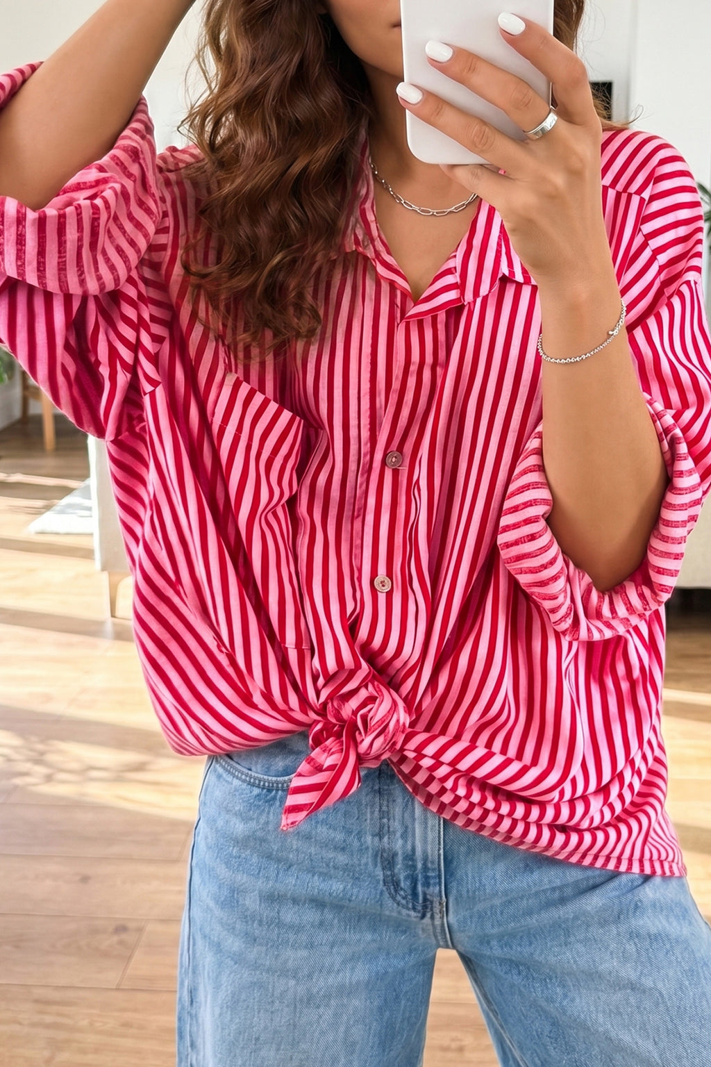 Red Stripe Button-Up Shirt Long Sleeve Patch Pocket Casual Shirt 🇺🇸