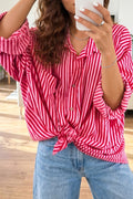 Red Stripe Button-Up Shirt Long Sleeve Patch Pocket Casual Shirt 🇺🇸