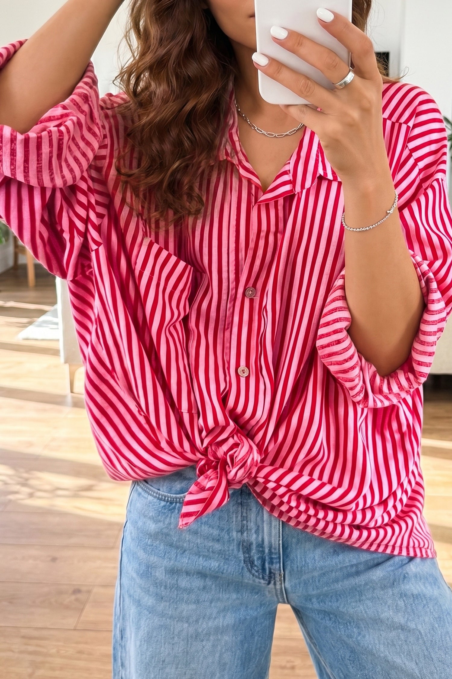 Red Stripe Button-Up Shirt Long Sleeve Patch Pocket Casual Shirt 🇺🇸