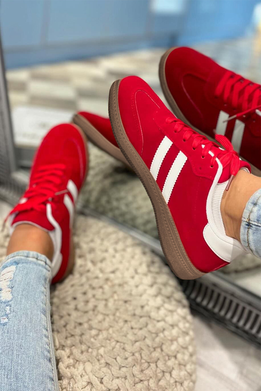 Fiery Red Vintage Striped Patchwork Lace-up Flat Shoes 🇺🇸