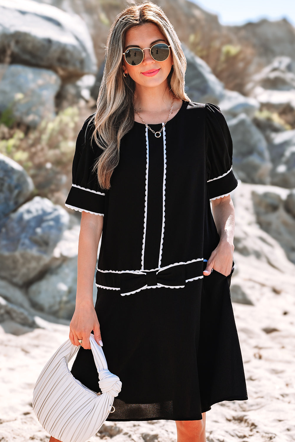 Black Contrast Scallop Trim Bow Detail Half Sleeve Shift Dress 🇨🇳