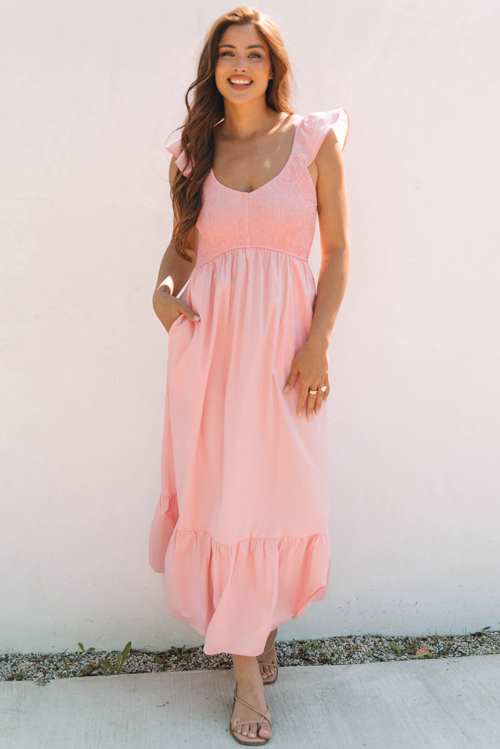 Pink V Neck Flutter Sleeve Smocked Bodice High Waist Ruffle Maxi Dress 🇨🇳