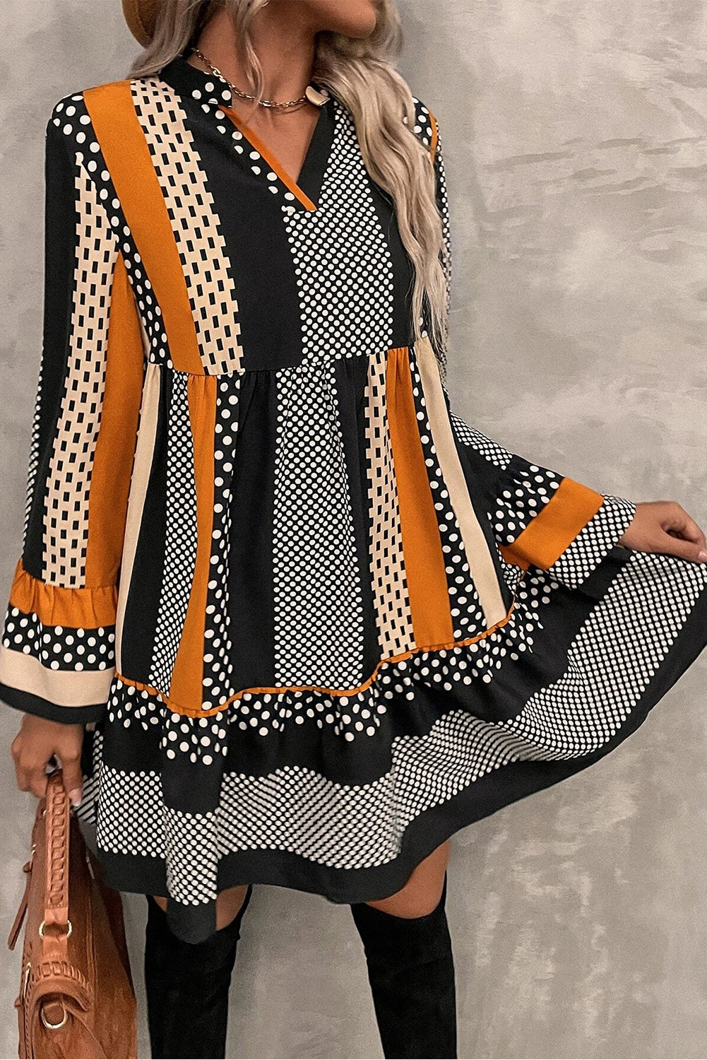 Black Striped Polka Dot Print Ruffled Hem V Neck Mini Dress 🇺🇸