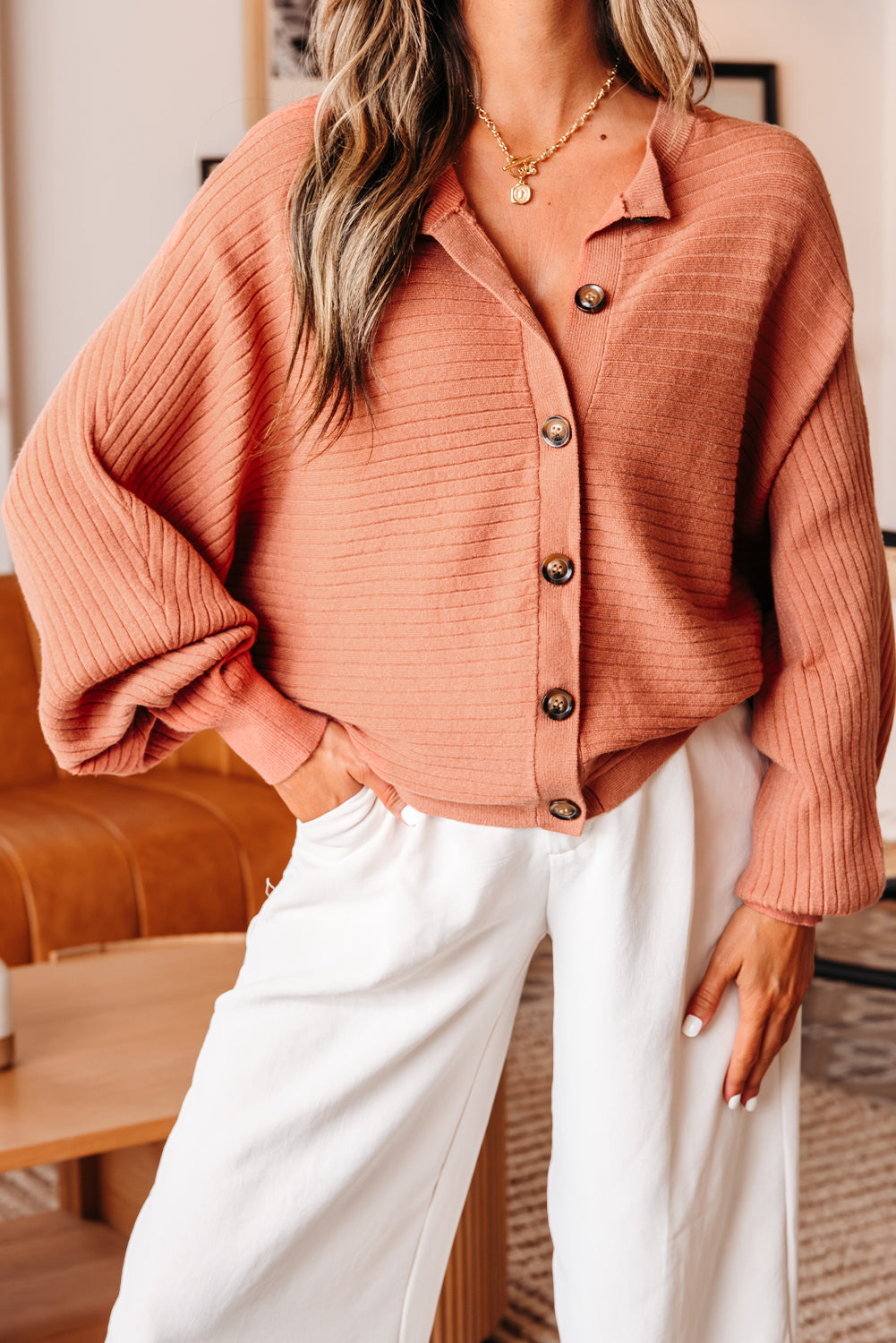 Apricot Pink Wide Rib Knit Button Front Dolman Sleeve Sweater Cardigan 🇺🇲