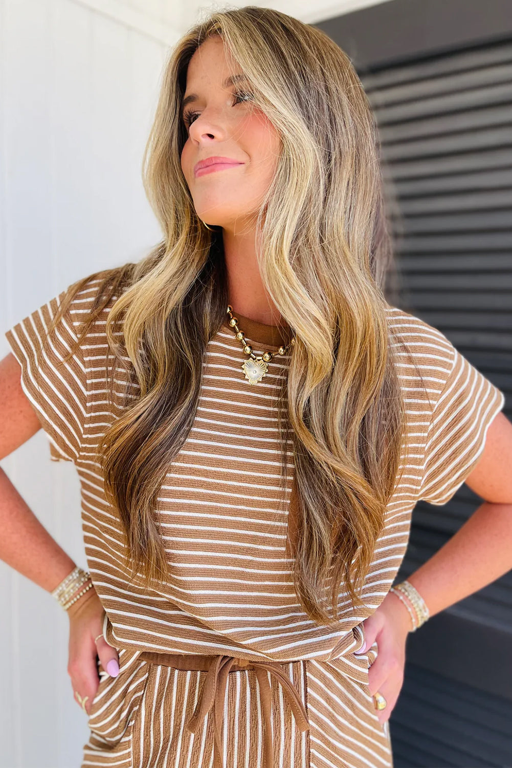 Khaki Stripe Crew Neck Tee Drawstring Waist Cropped Pants Set 🇺🇸