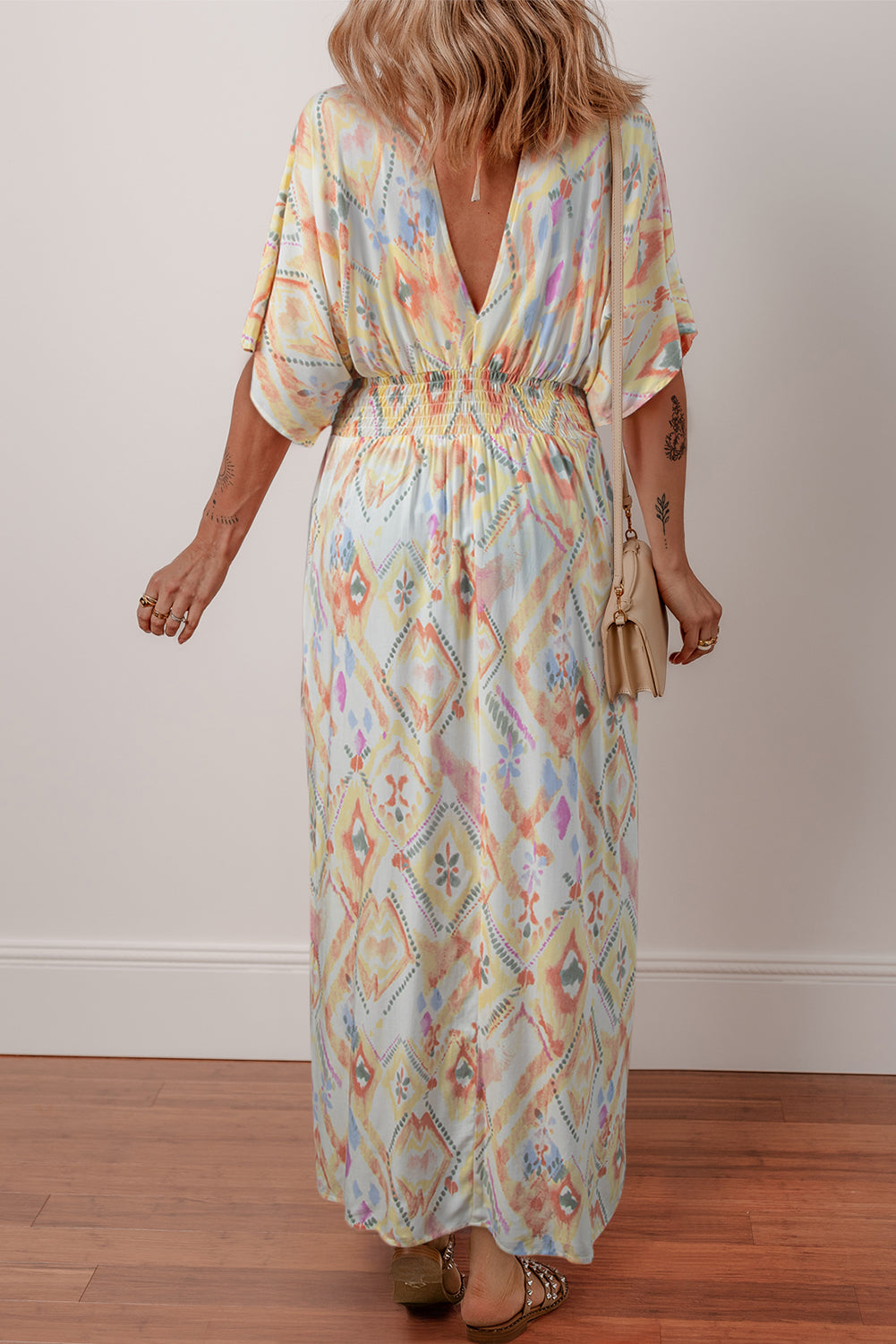 Multicolour Geometric Print Half Sleeve Shirred High Waist Maxi Dress 🇺🇸