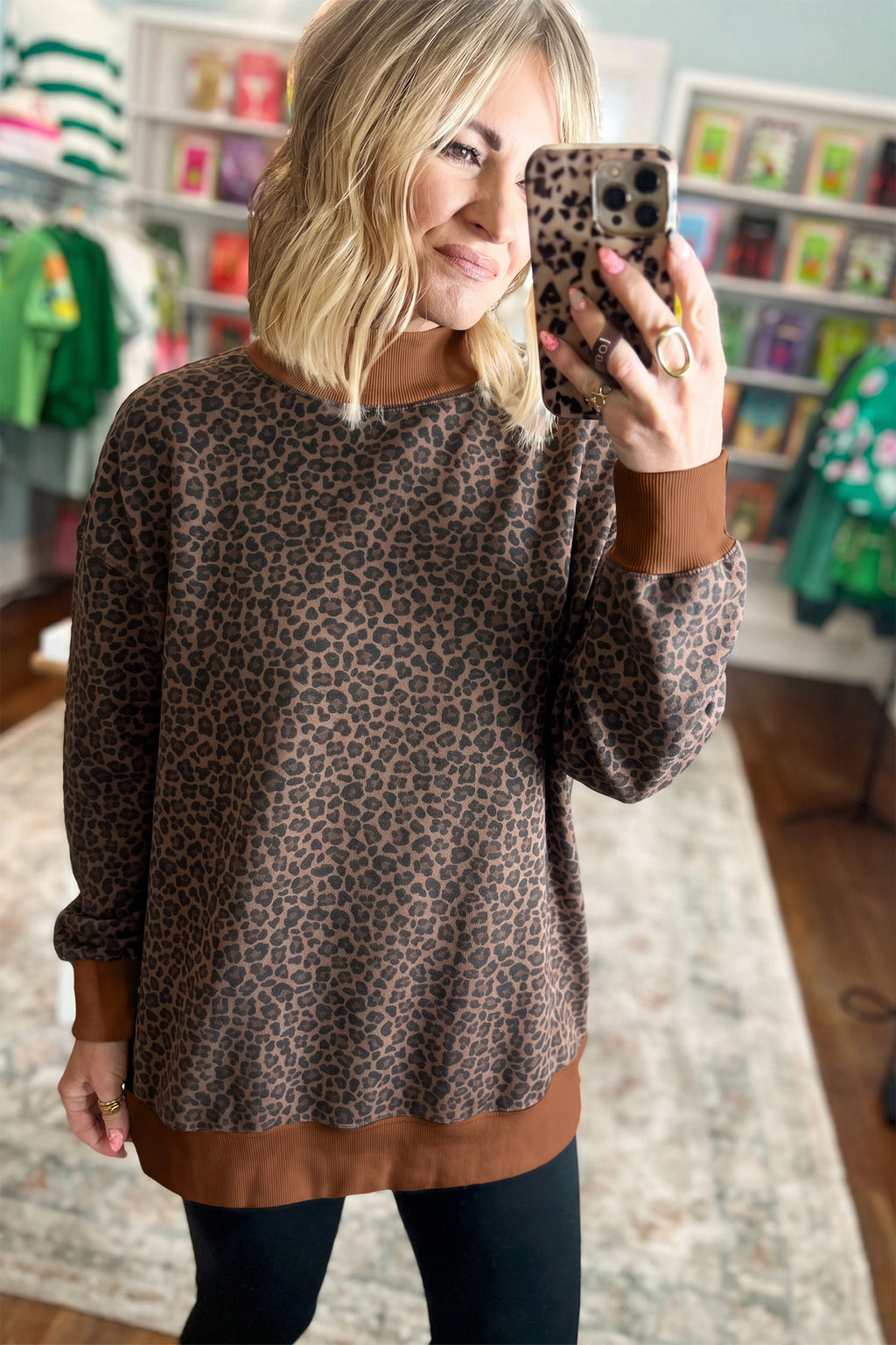 Brown Leopard Print High Neck Long Sleeve Ribbed Cuffs Hem Sweatshirt 🇺🇸