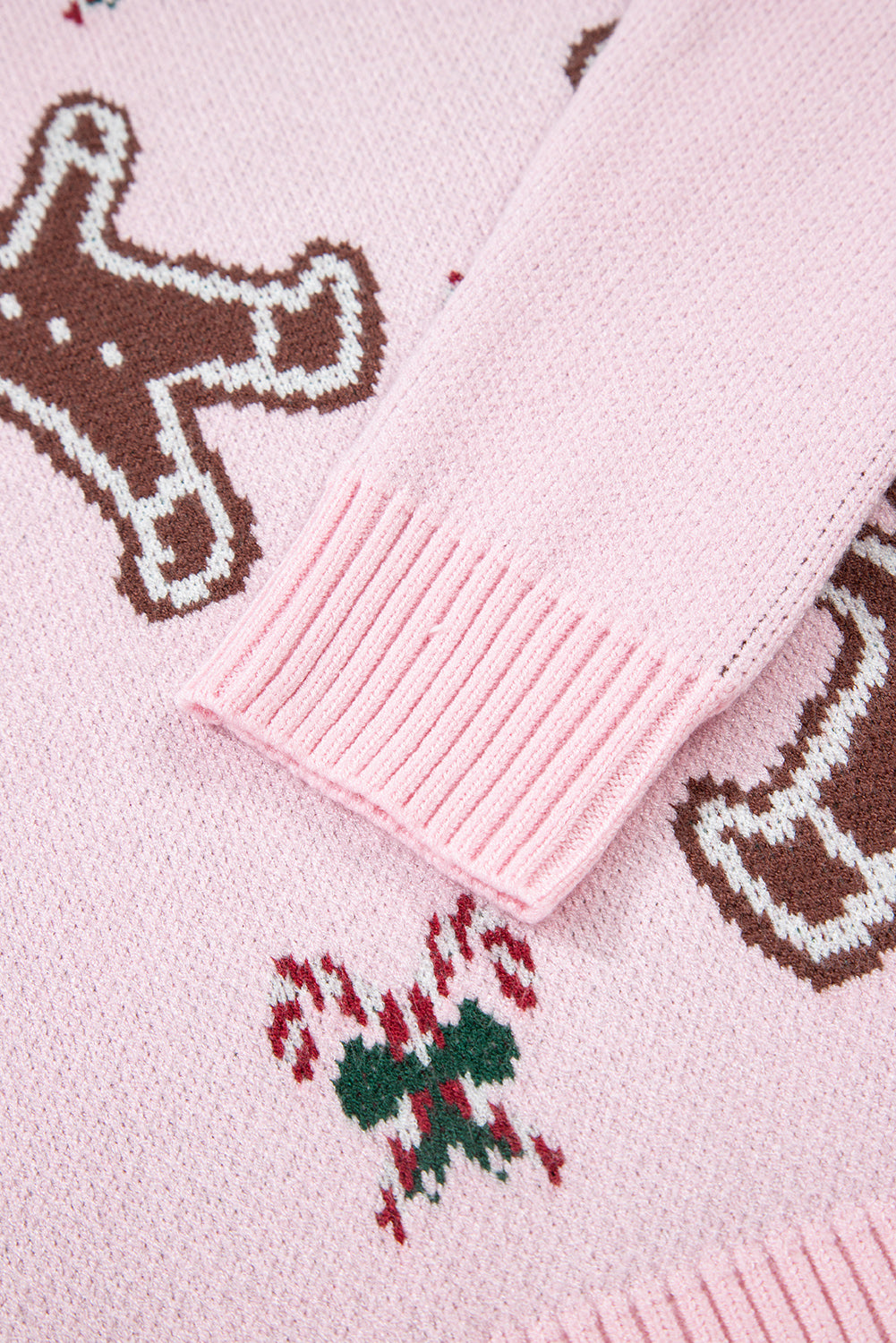 Pink Christmas Ginger Bread Man Print Round Neck Casual Sweater 🇺🇸