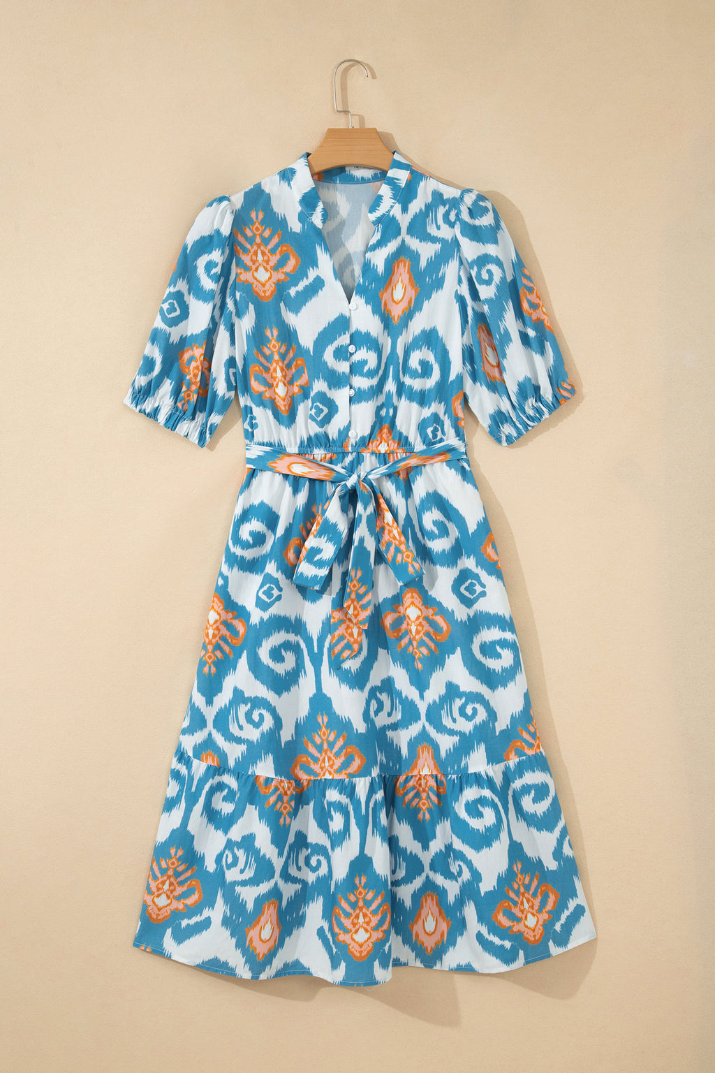 Sky Blue Boho Floral Print Short Puff Sleeve Button Down Ruffle Hem Midi Dress 🇺🇸