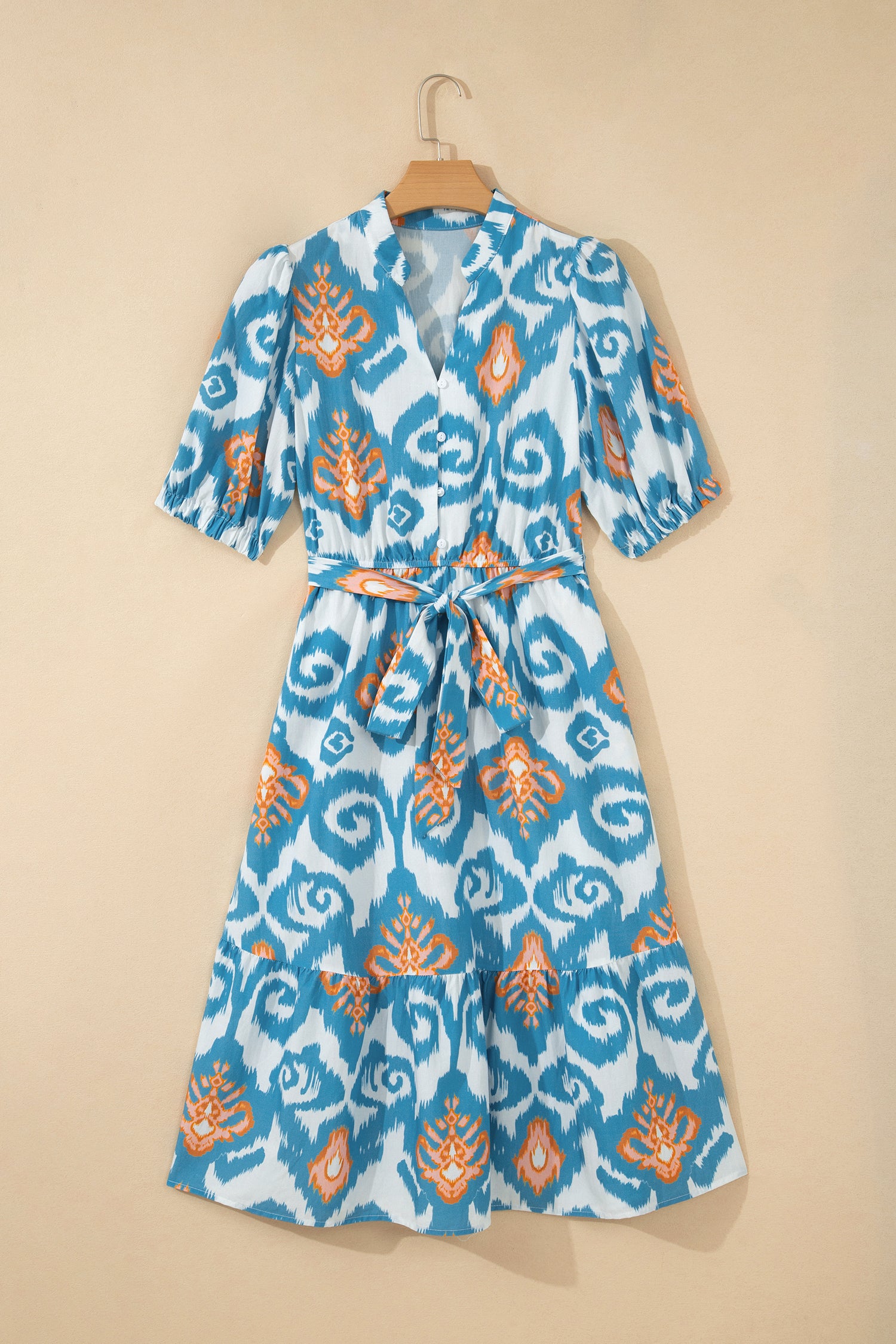 Sky Blue Boho Floral Print Short Puff Sleeve Button Down Ruffle Hem Midi Dress 🇺🇸
