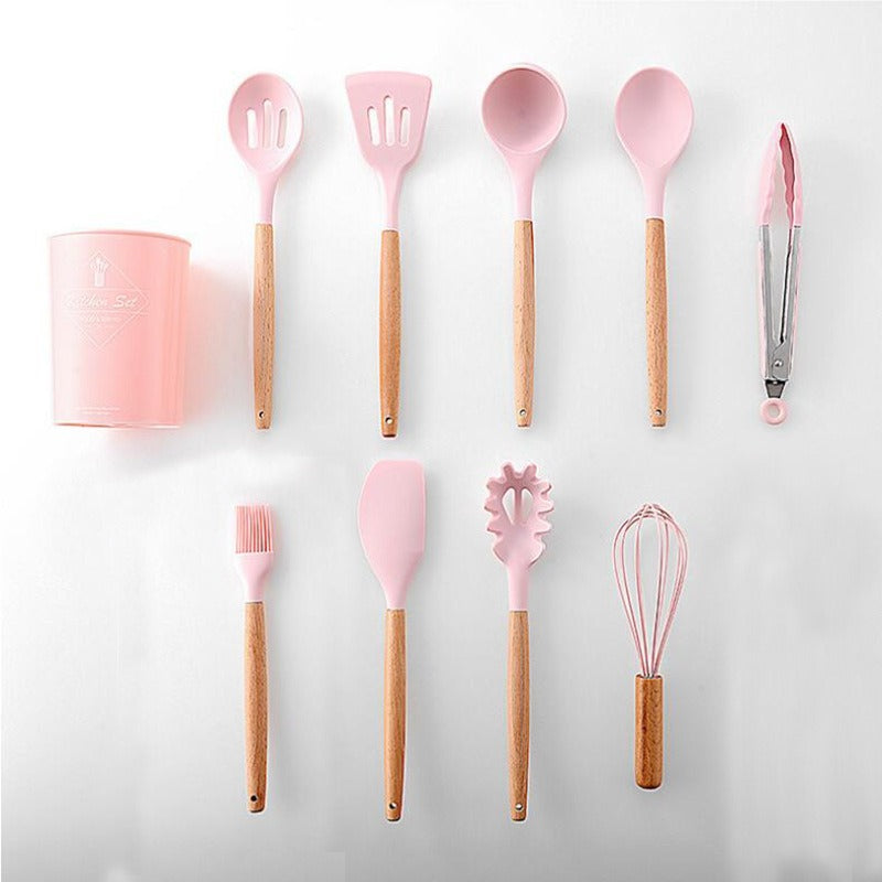 11-Piece Barreled Cooking Utensils Set With Wooden Handle Pink 🇨🇳