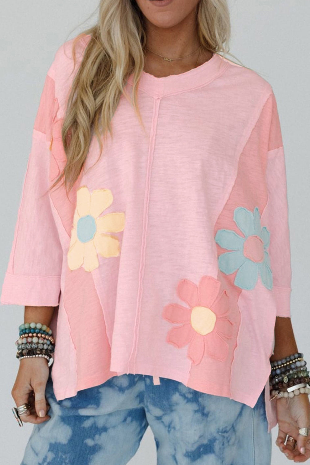 Pink Flower Patched Exposed Seam Bracelet Sleeve Oversized T Shirt 🇺🇲