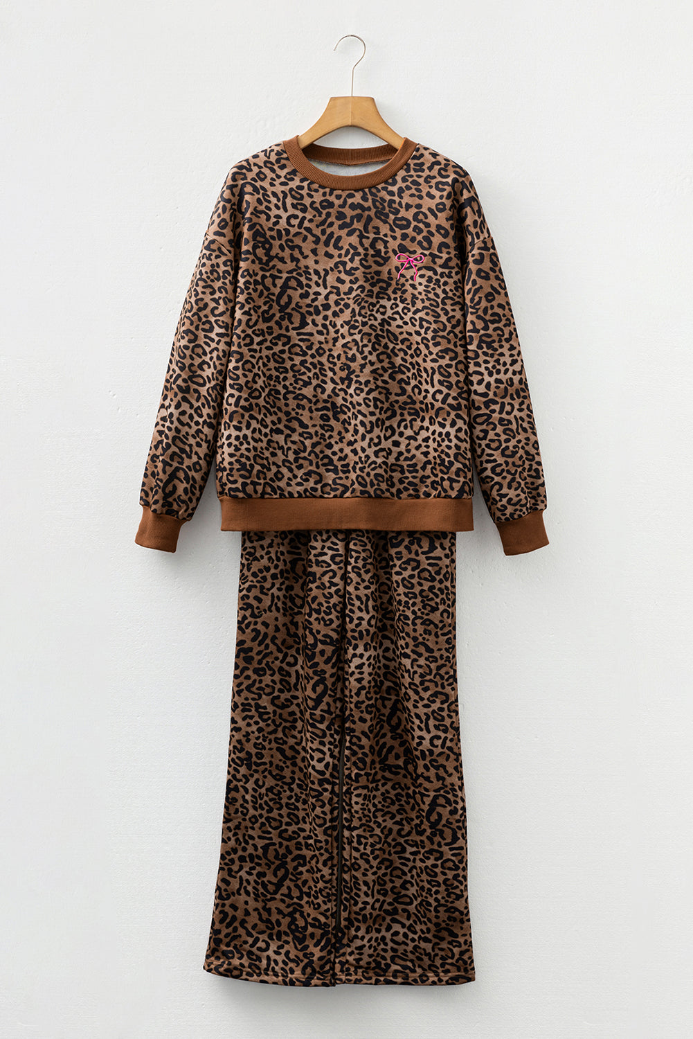 Coffee Leopard Print Contrast Trim Long Sleeve Top and Pants Set 🇺🇸
