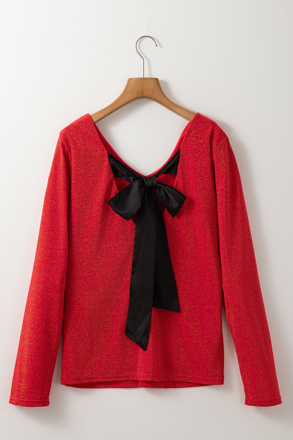 Racing Red Metallic Bowknot Open Back V Neck Top 🇺🇸