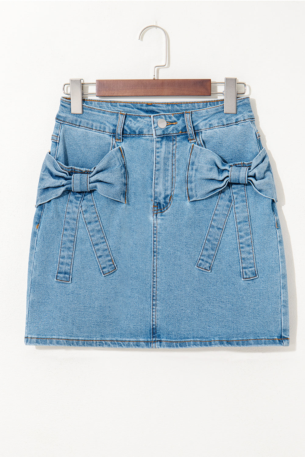 Dusk Blue Acid Wash Bowknot Details High Waist Denim Skirt 🇨🇳