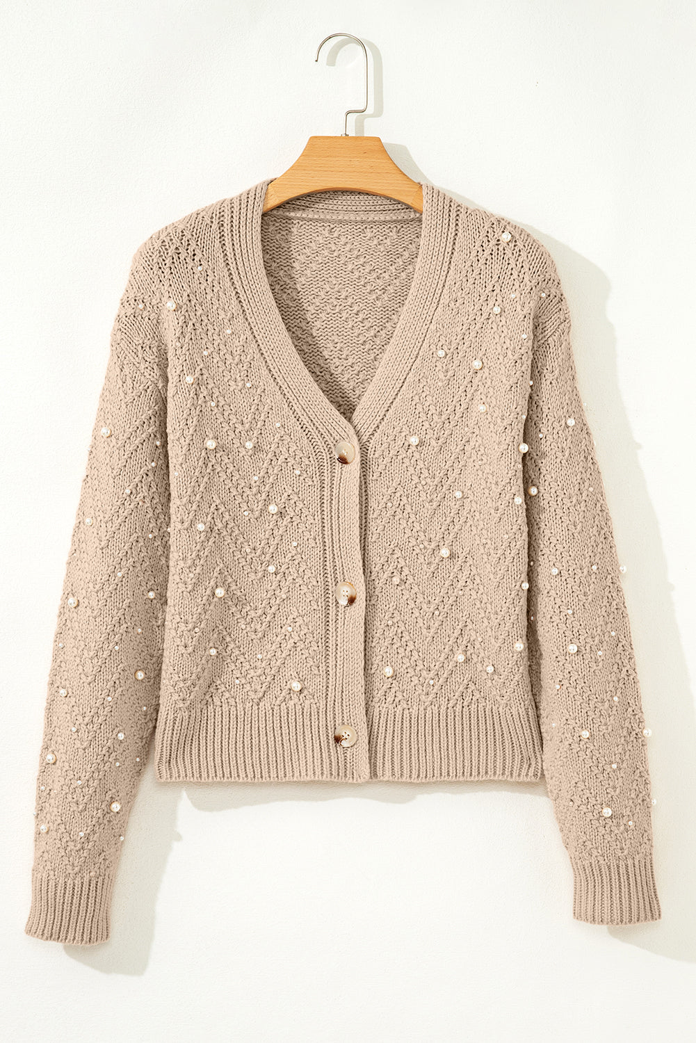 Smoke Gray Pearl Embellished Button Front V Neck Sweater Cardigan 🇺🇸