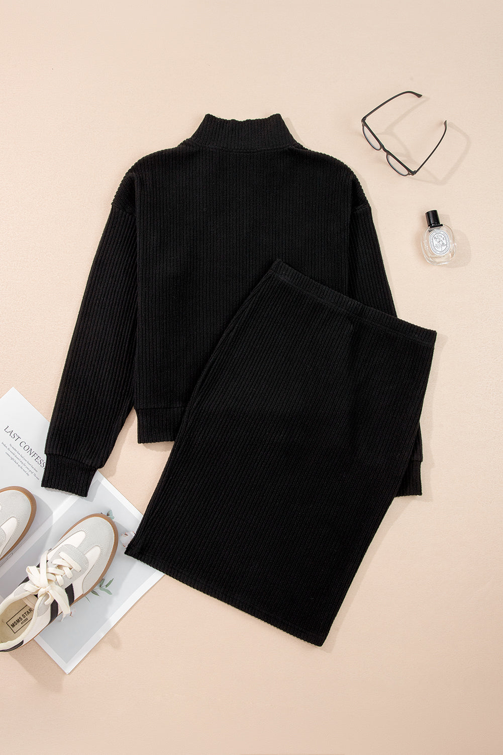 Black Ribbed Zip Stand Neck Drop Shoulder Pullover Bodycon Skirt 2pcs Set 🇺🇸