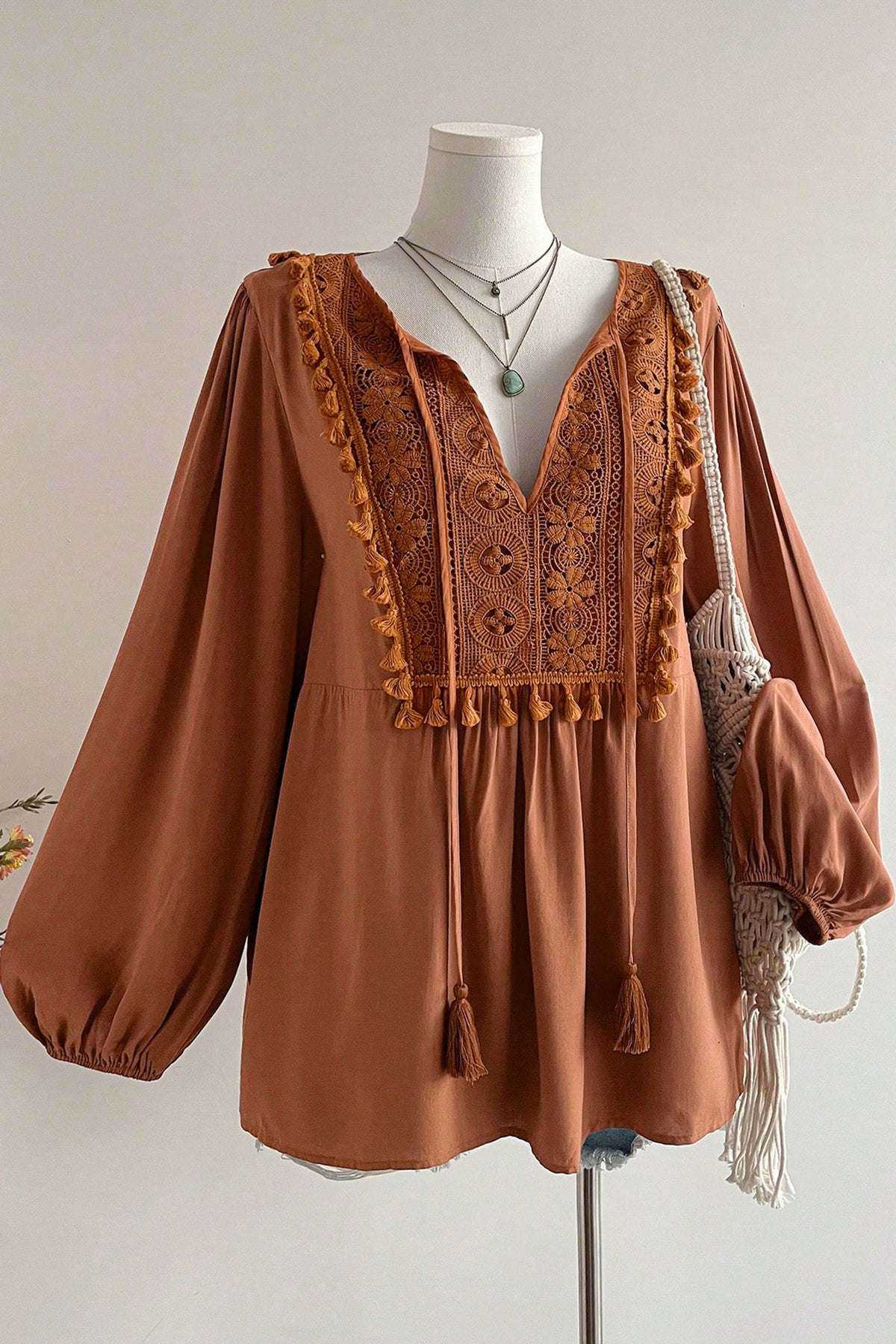 Chestnut Boho V Neck Embroidered Tassel Long Sleeve Plus Size Blouse 🇺🇸