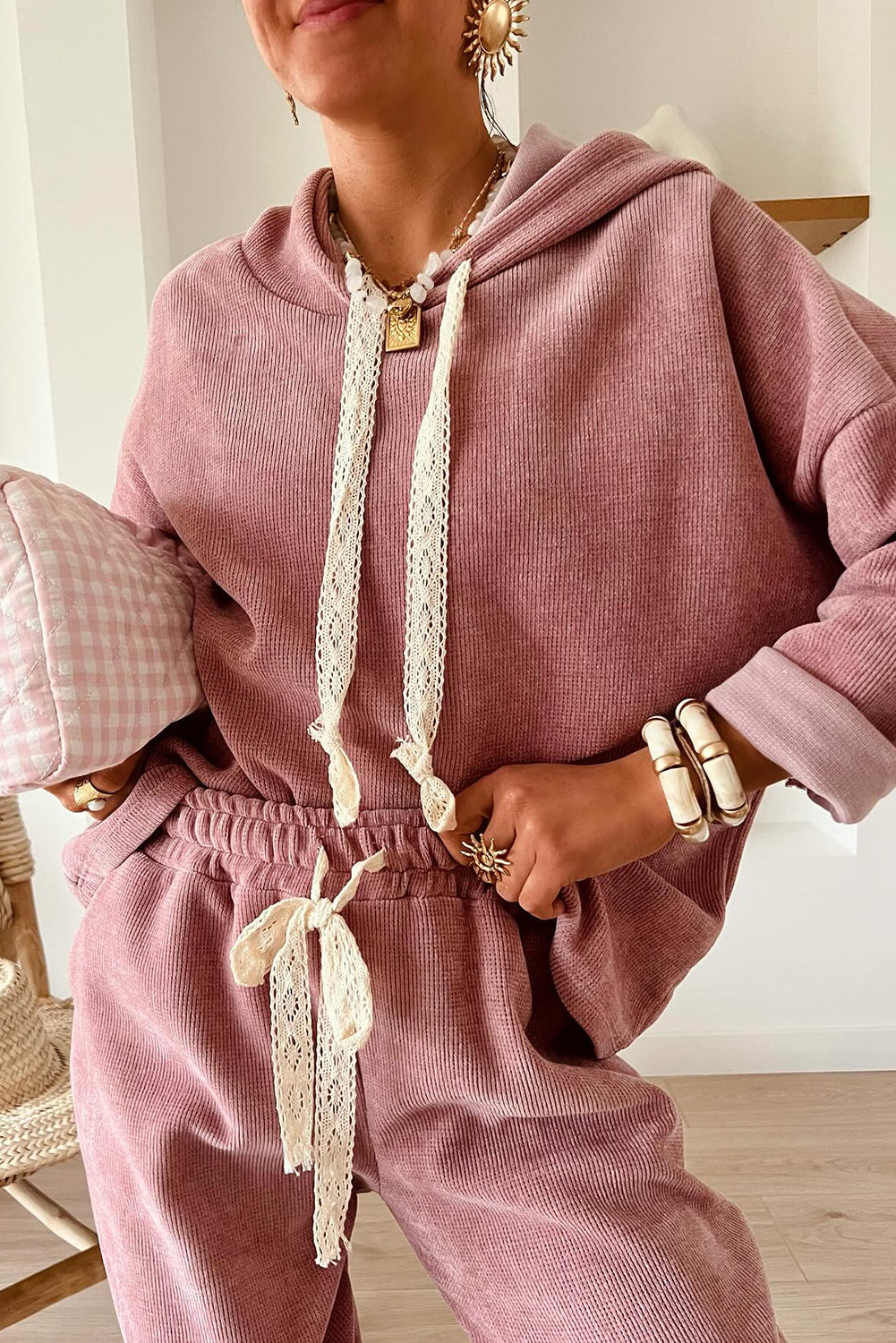 Rose Tan Lace Drawstring Pullover Hoodie and High Waist Pants Corduroy Suit 🇺🇸