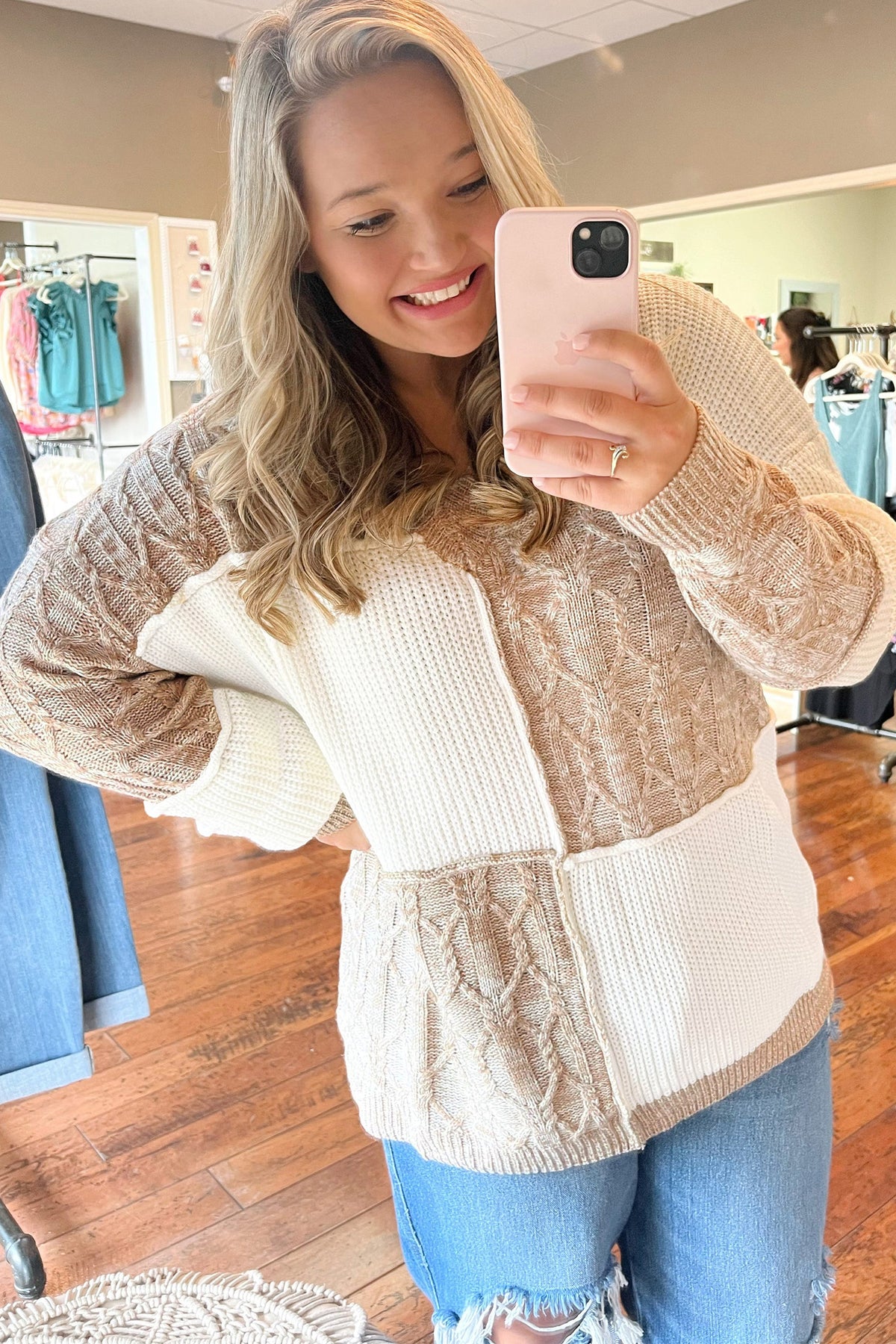 Parchment Colorblock V Neck Long Sleeve Tunic Loose Fit Plus Size Sweater 🇺🇸