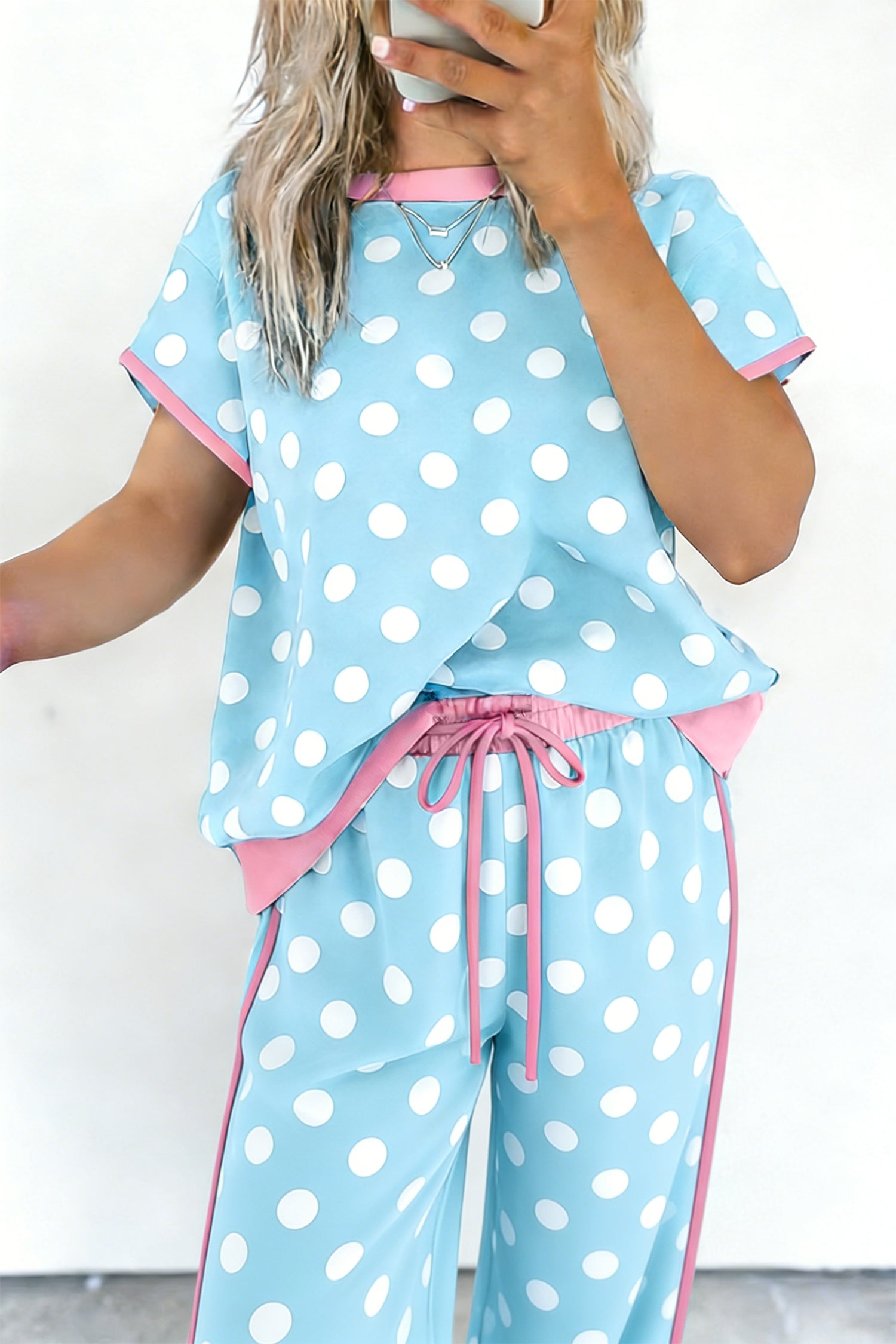 Sky Blue Polka Dot Short Sleeve Top and Pants Set 🇺🇸