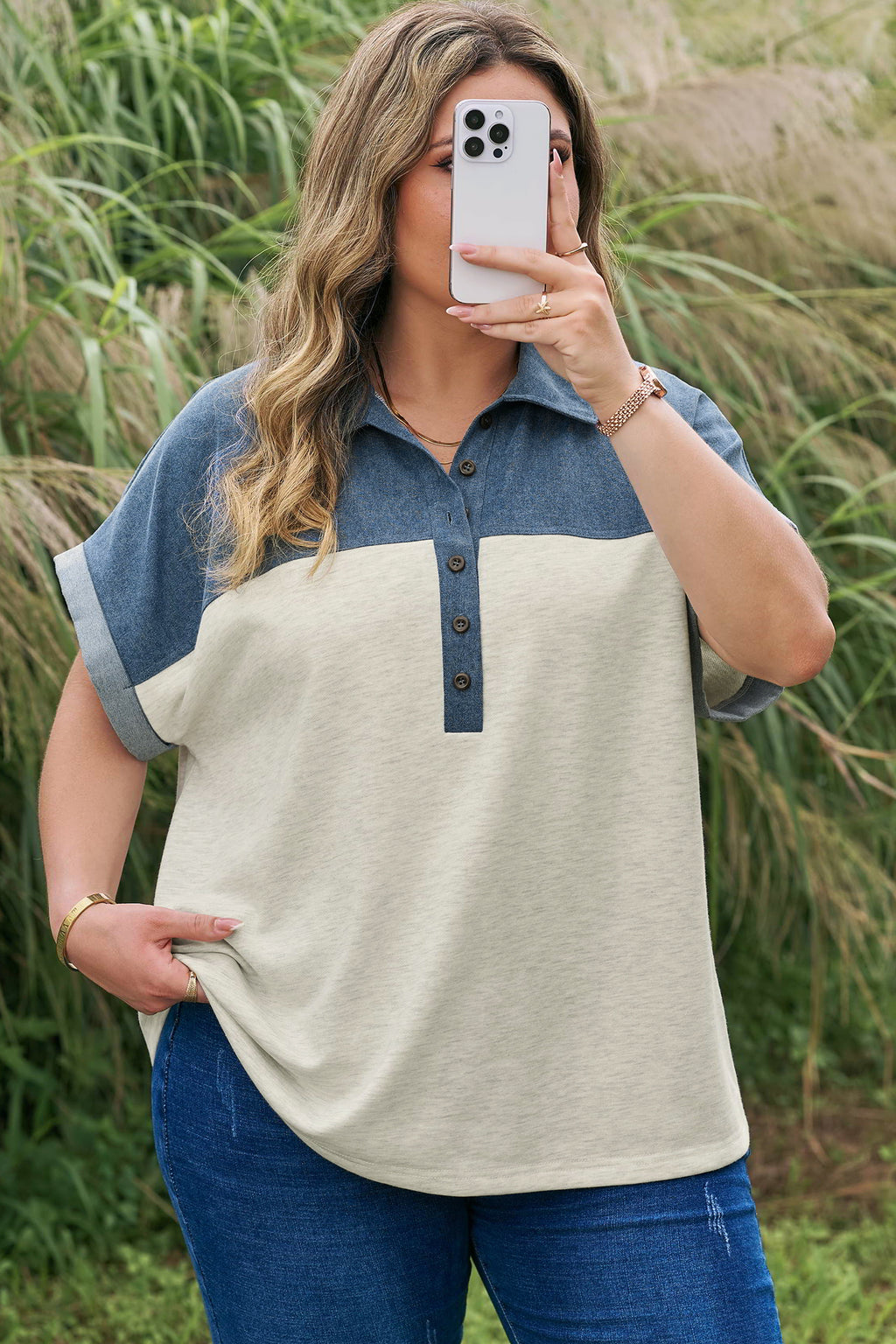 Light Grey Half Buttons Collared Denim Patchwork Plus Short Sleeve Top 🇺🇸