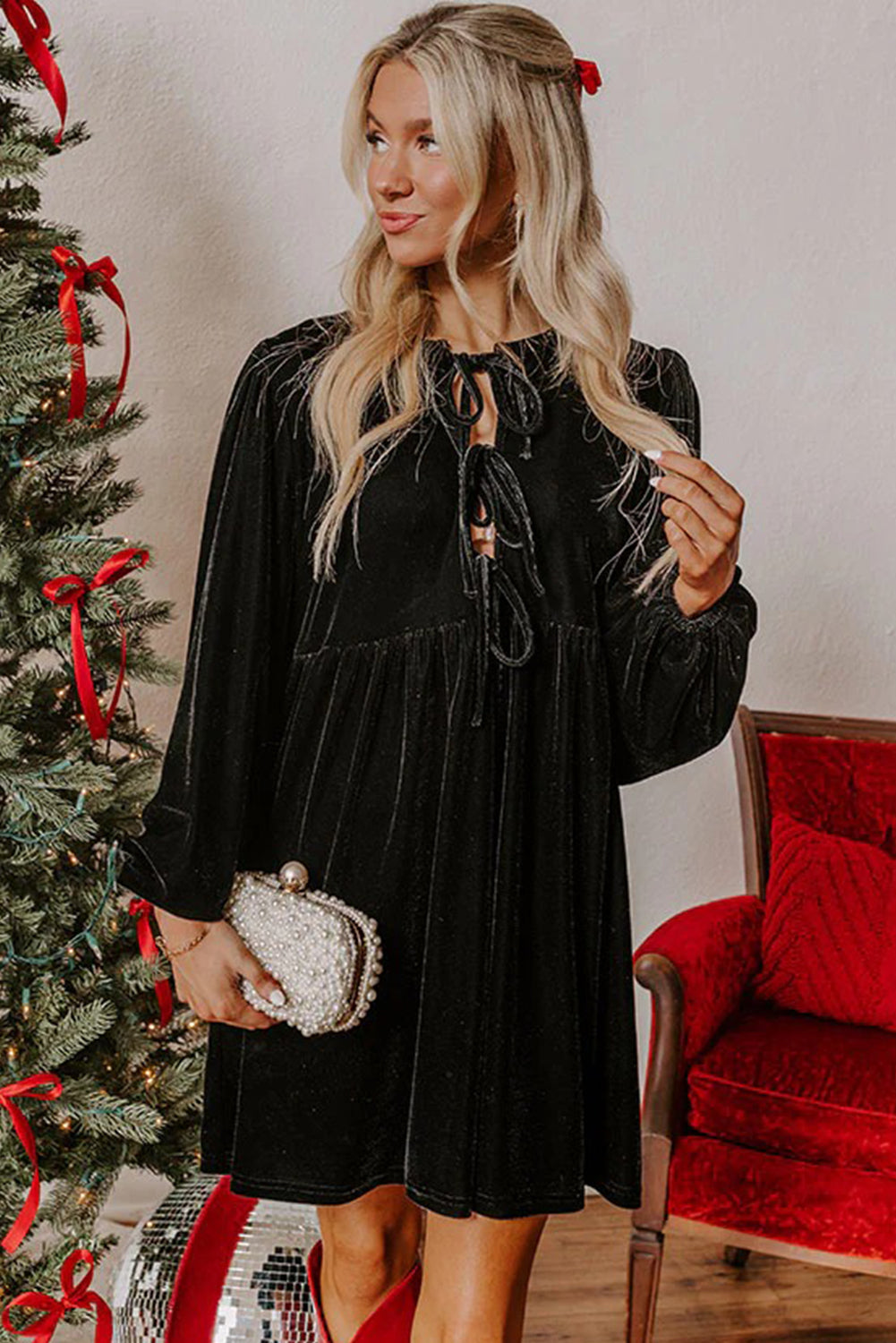 Black Front Tie Velvet Bubble Sleeve Mini Dress 🇺🇸
