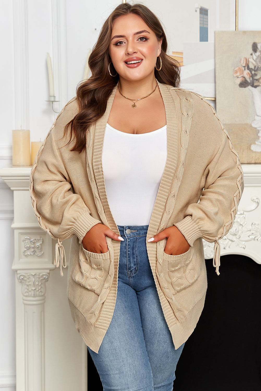 Parchment Cable Knit Braided Tie Sleeve Plus Size Open Cardigan 🇺🇲