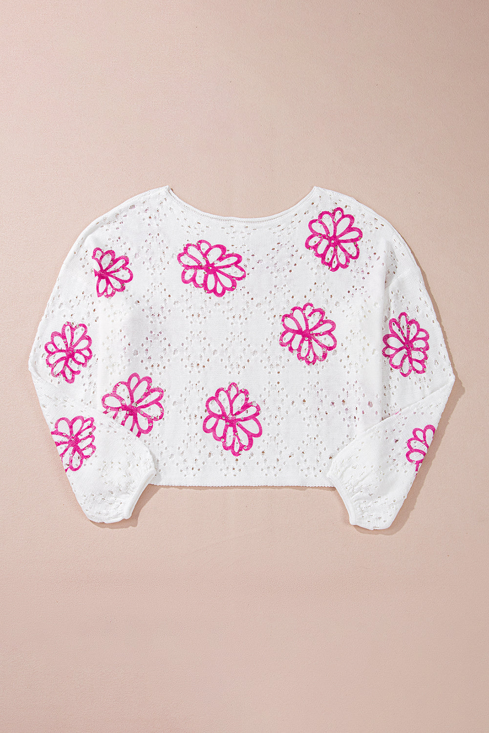 White Contrast Flower Print Eyelet Drop Shoulder Sweater 🇨🇳