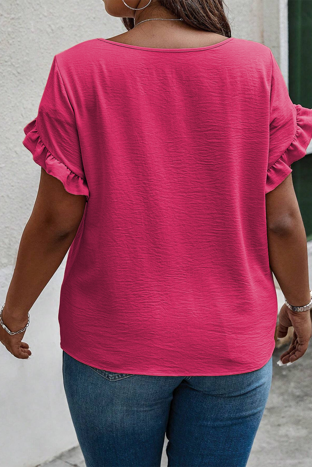 Bright Pink Ruffled Short Sleeve Plus Size Top 🇨🇳