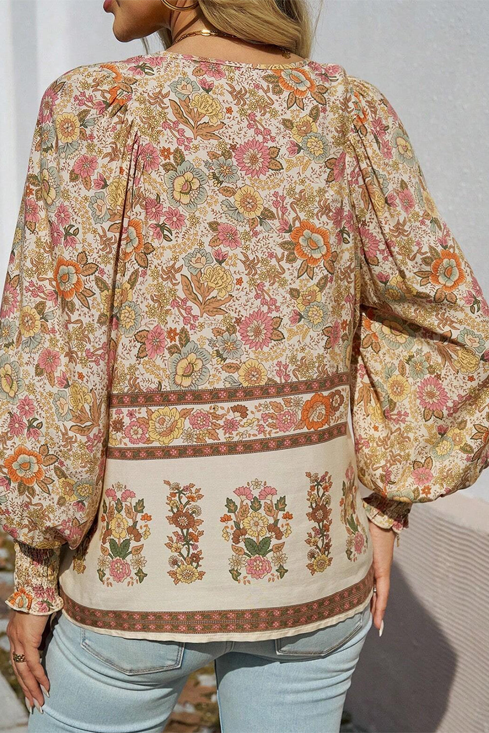 Yellow Floral Print Tie Neck Lantern Sleeve Blouse 🇺🇸