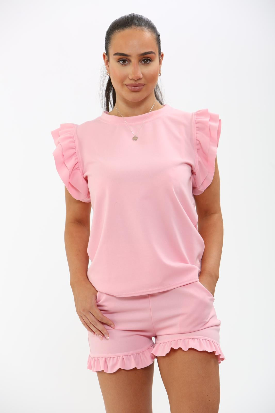 Ladies Frill Peplum Sleeve Top and Short 2 Piece Tracksuit Set 🇬🇧