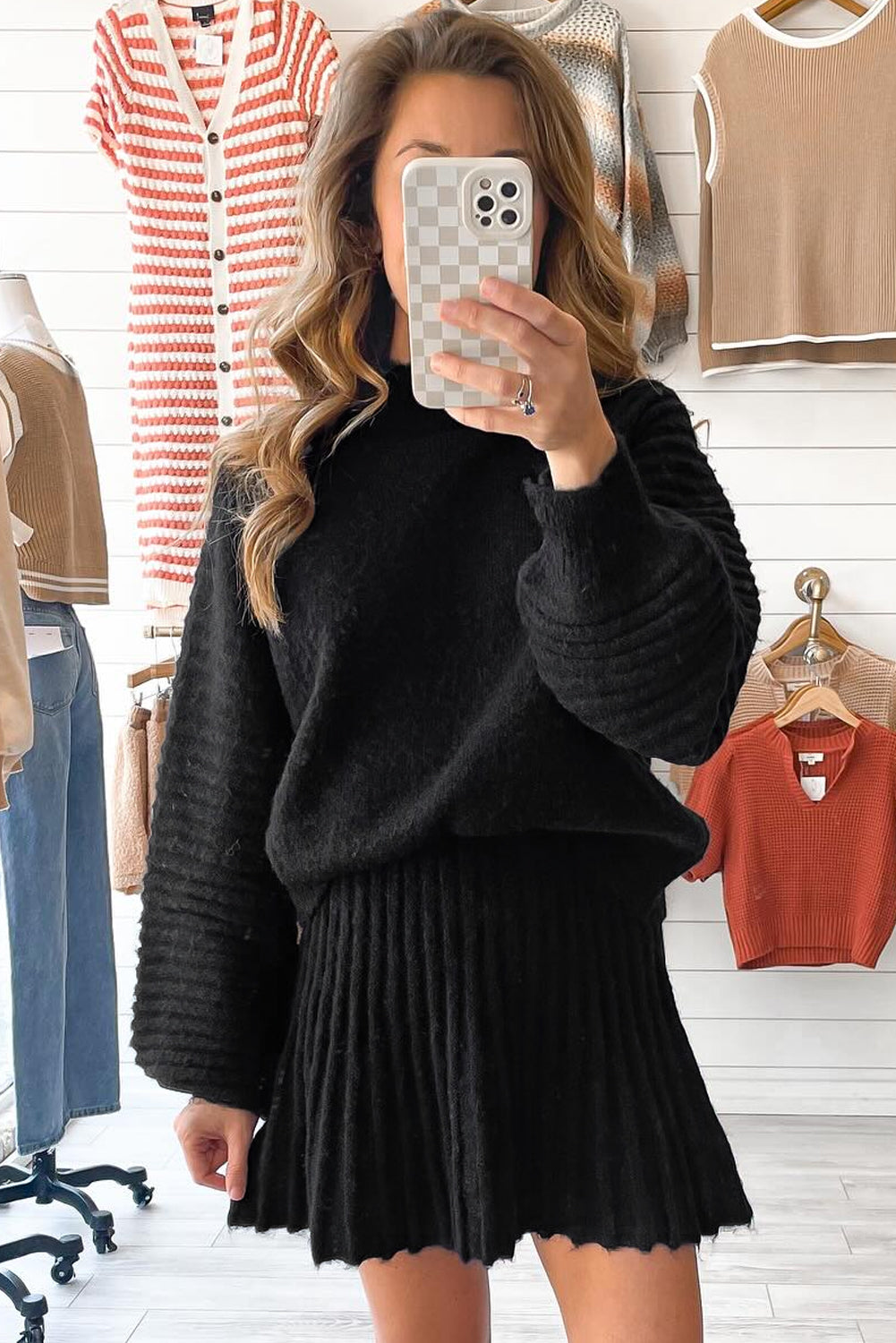 Black High Neck Puff Sleeve Sweater Pleated Mini Skirt 2pcs Knitted Outfit 🇺🇸