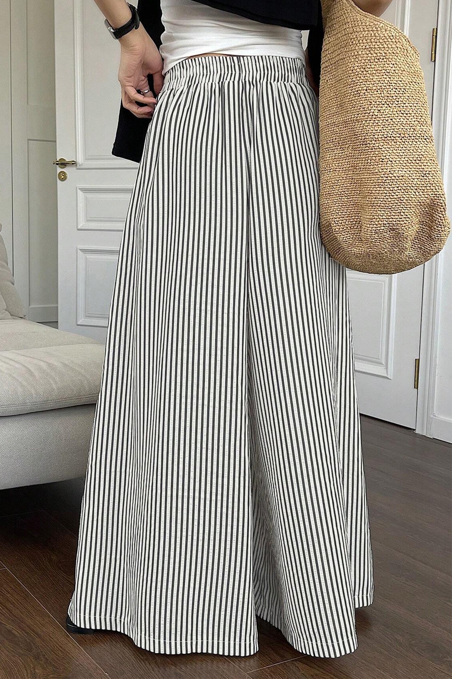 Black Stripe Elastic Waist Ultra Wide Leg Pants 🇺🇸