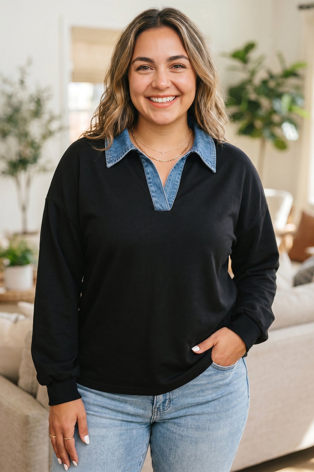 Black Solid V Neck Tunic Shift Long Sleeve Plus Size Blouse 🇺🇸