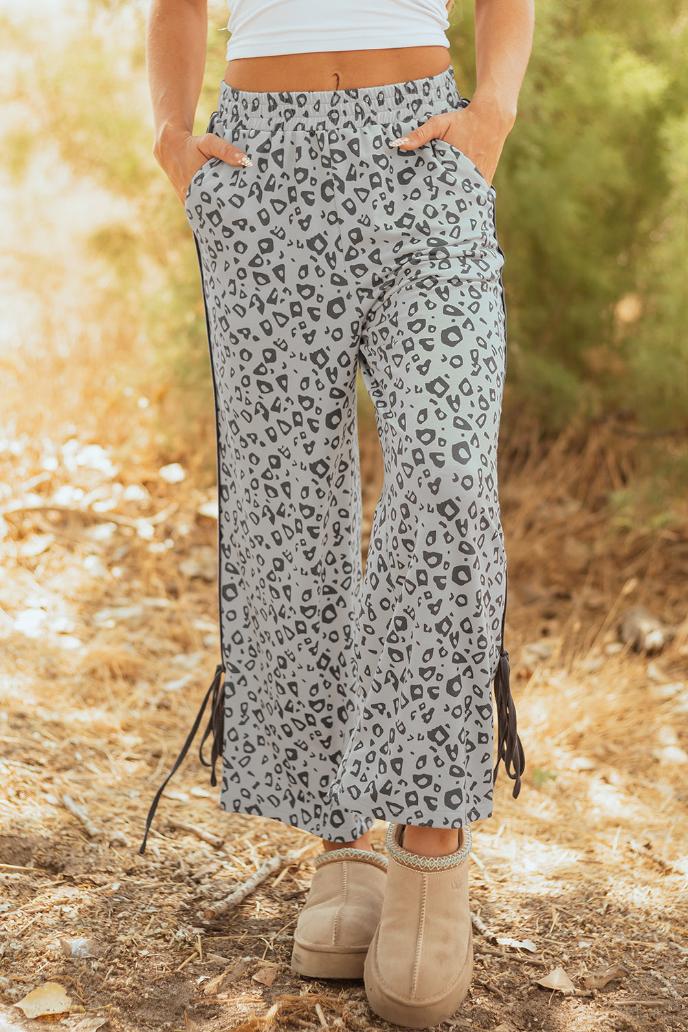 Gray Leopard High Waist Side Bow Straight Leg 🇺🇸